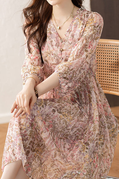 Elegant Floral Print Short-Sleeve (5/8 Length) Dress