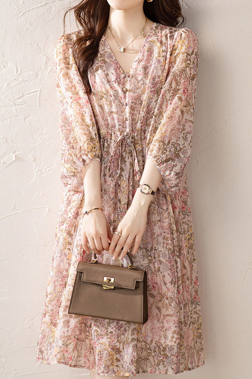 Elegant Floral Print Short-Sleeve (5/8 Length) Dress