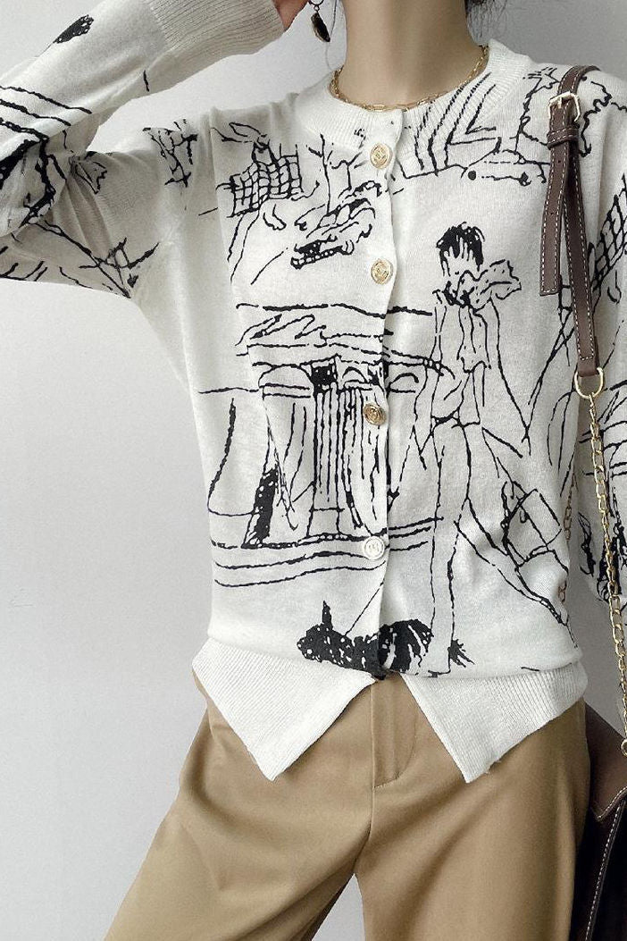 Versatile Printed Long-Sleeve Knit Cardigan