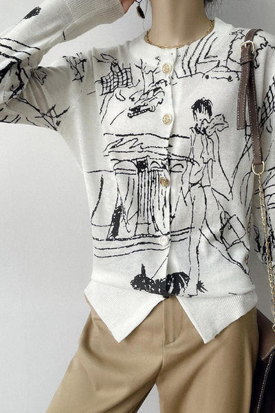 Versatile Printed Long-Sleeve Knit Cardigan