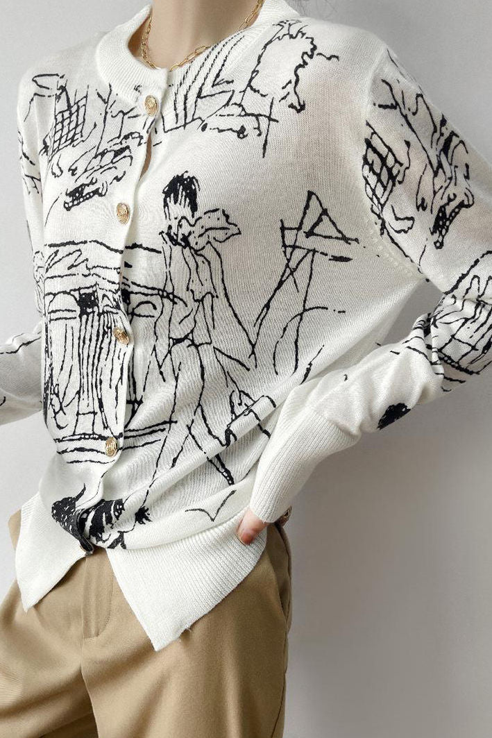 Versatile Printed Long-Sleeve Knit Cardigan