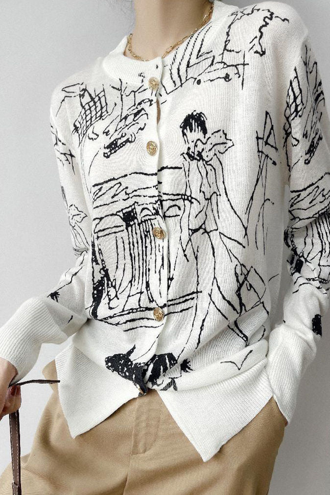 Versatile Printed Long-Sleeve Knit Cardigan