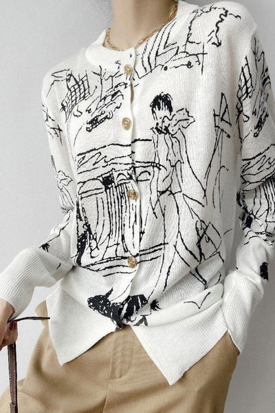 Versatile Printed Long-Sleeve Knit Cardigan