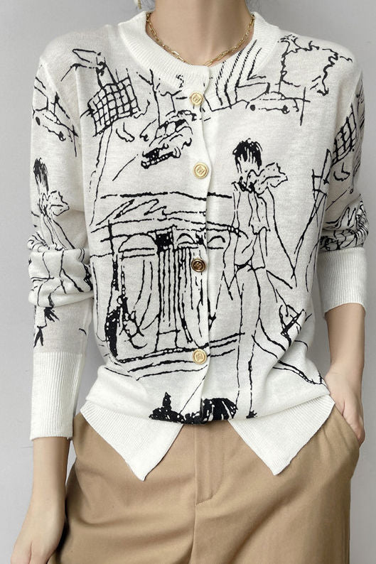 Versatile Printed Long-Sleeve Knit Cardigan