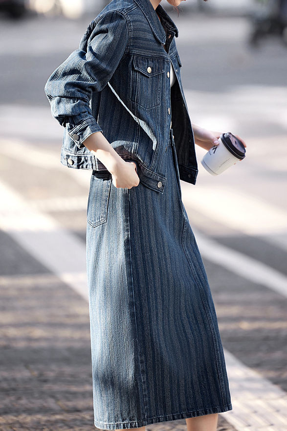 Fashionable Minimalist Striped Long-Sleeve Denim Jacket