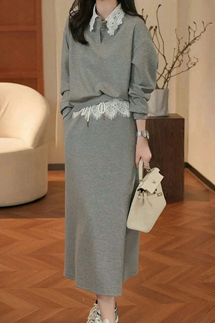 Casual Gray Lace Patchwork Set
