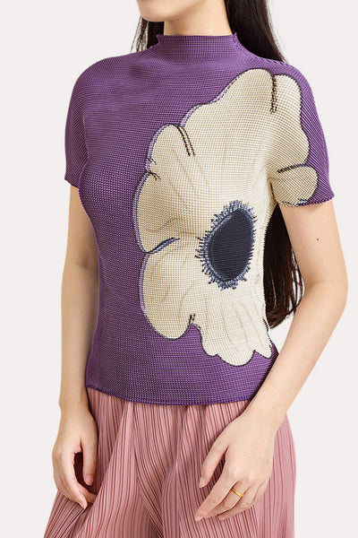 Casual Textured Stand Collar Printed T-shirt