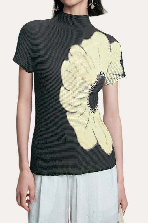 Casual Textured Stand Collar Printed T-shirt
