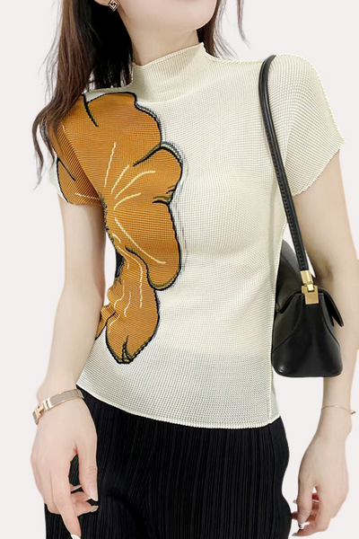 Casual Textured Stand Collar Printed T-shirt
