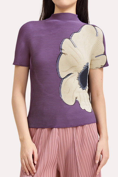 Casual Textured Stand Collar Printed T-shirt