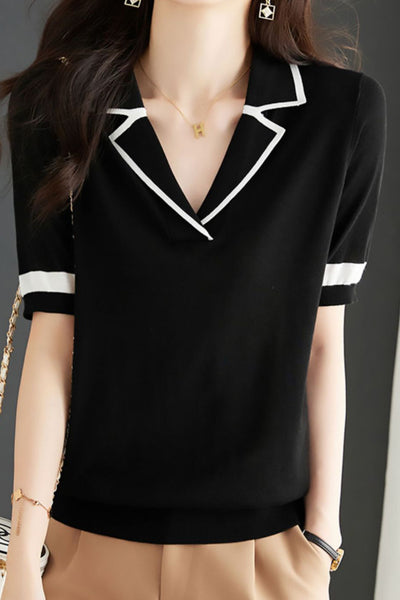 Minimalist Color Block Polo Knit Top