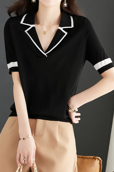Minimalist Color Block Polo Knit Top