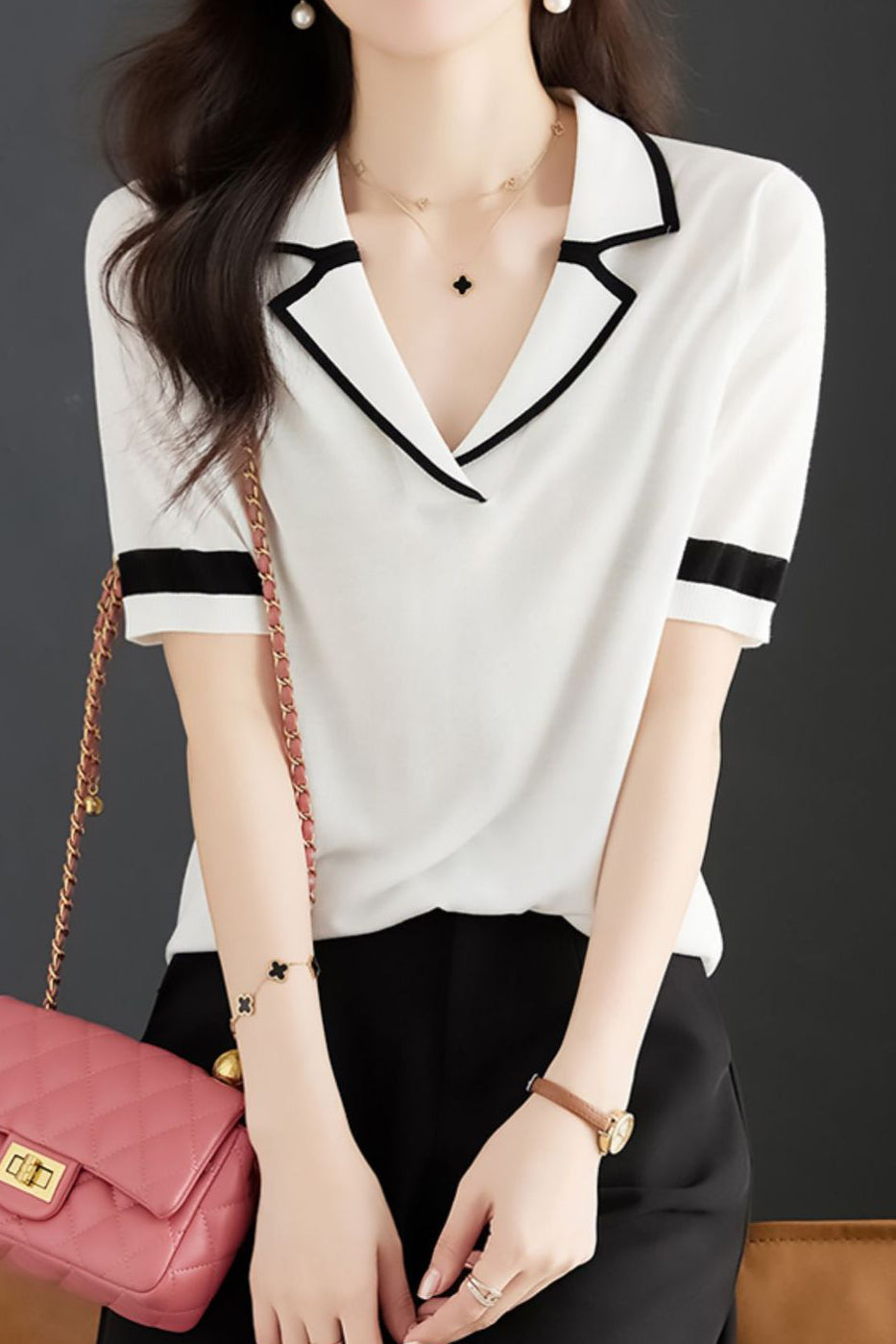 Minimalist Color Block Polo Knit Top