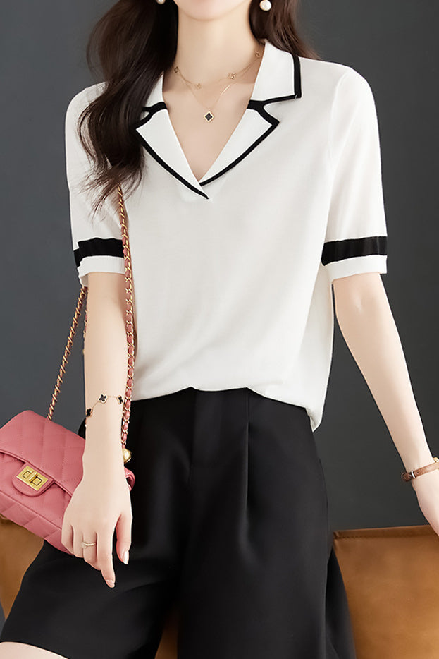 Minimalist Color Block Polo Knit Top