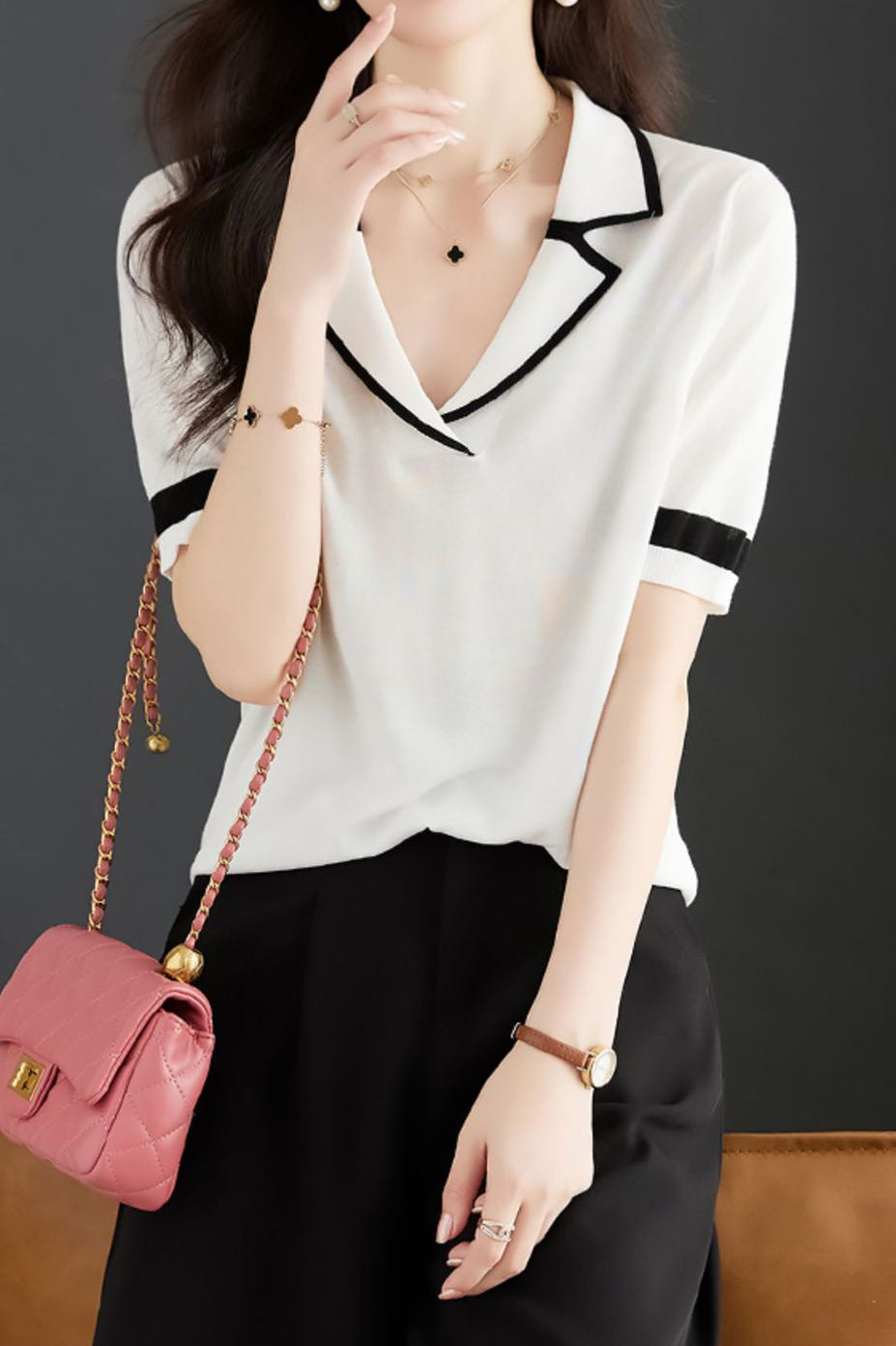 Minimalist Color Block Polo Knit Top