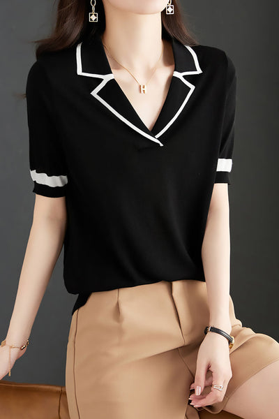 Minimalist Color Block Polo Knit Top