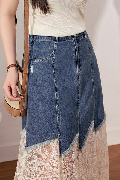 Stylish Lace-Paneled Denim Skirt