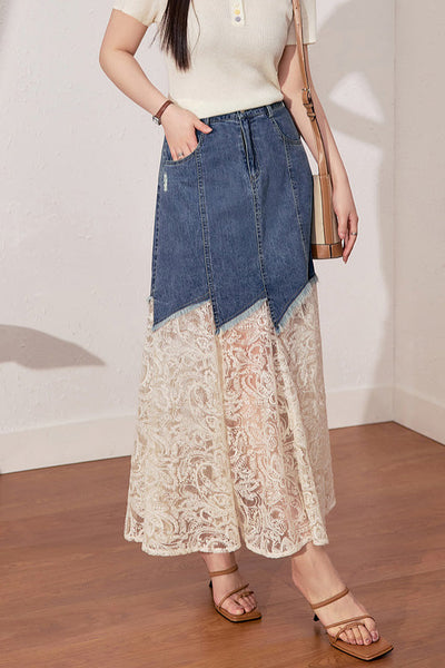 Stylish Lace-Paneled Denim Skirt