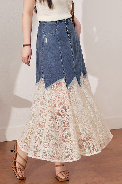 Stylish Lace-Paneled Denim Skirt