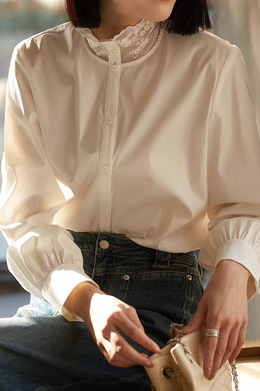 Early Autumn Elegant Lace-Paneled Long-Sleeve Shirt