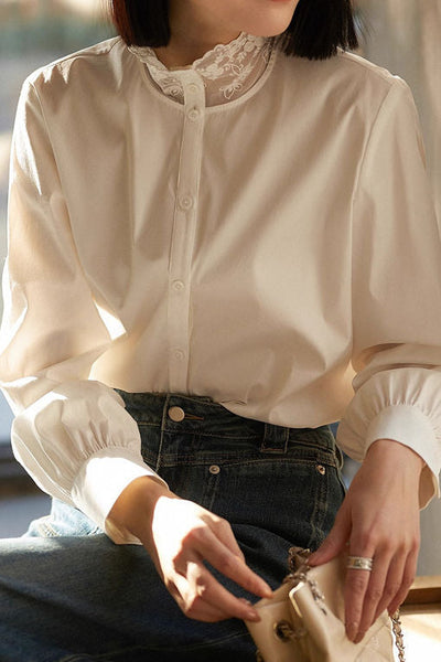 Early Autumn Elegant Lace-Paneled Long-Sleeve Shirt