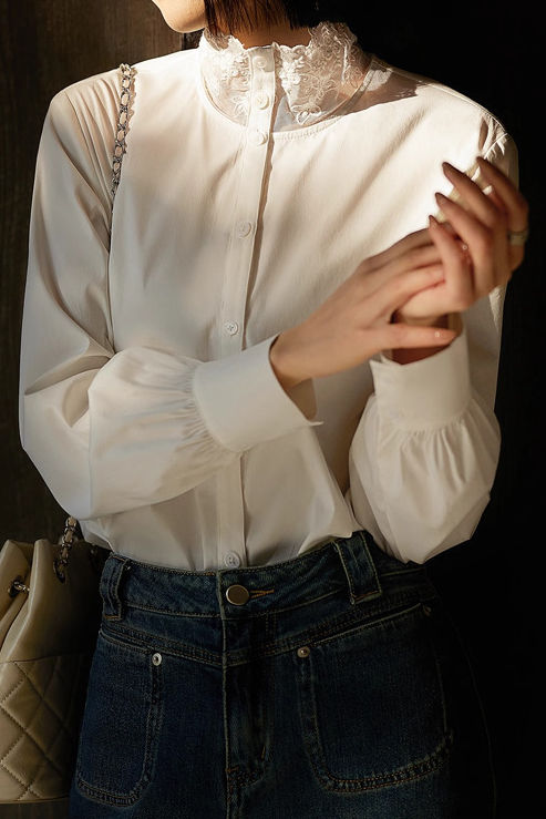 Early Autumn Elegant Lace-Paneled Long-Sleeve Shirt