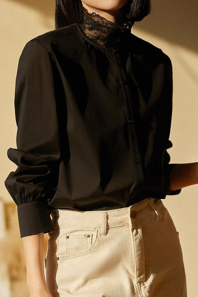 Early Autumn Elegant Lace-Paneled Long-Sleeve Shirt