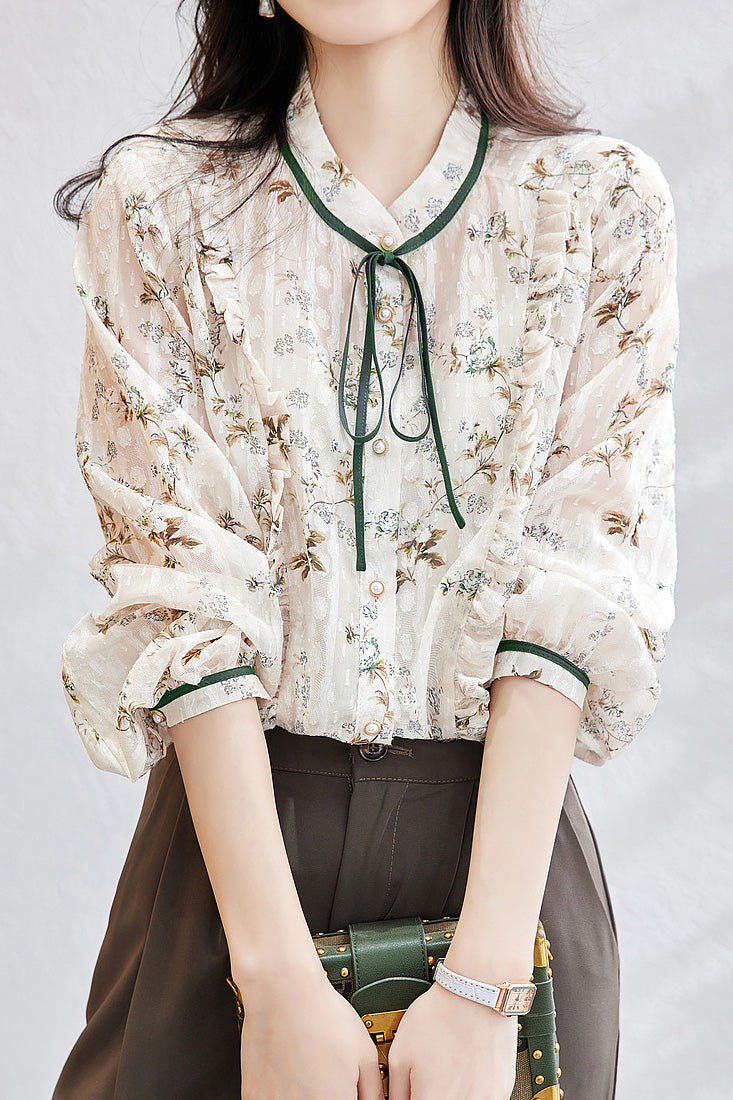 French-Style Floral Long-Sleeve Shirt
