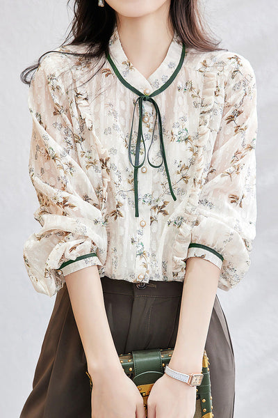 French-Style Floral Long-Sleeve Shirt