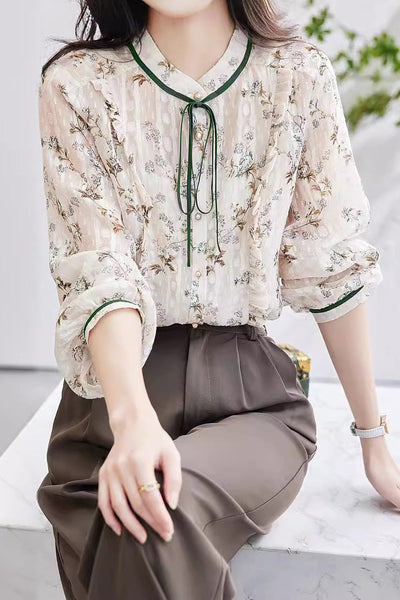 French-Style Floral Long-Sleeve Shirt