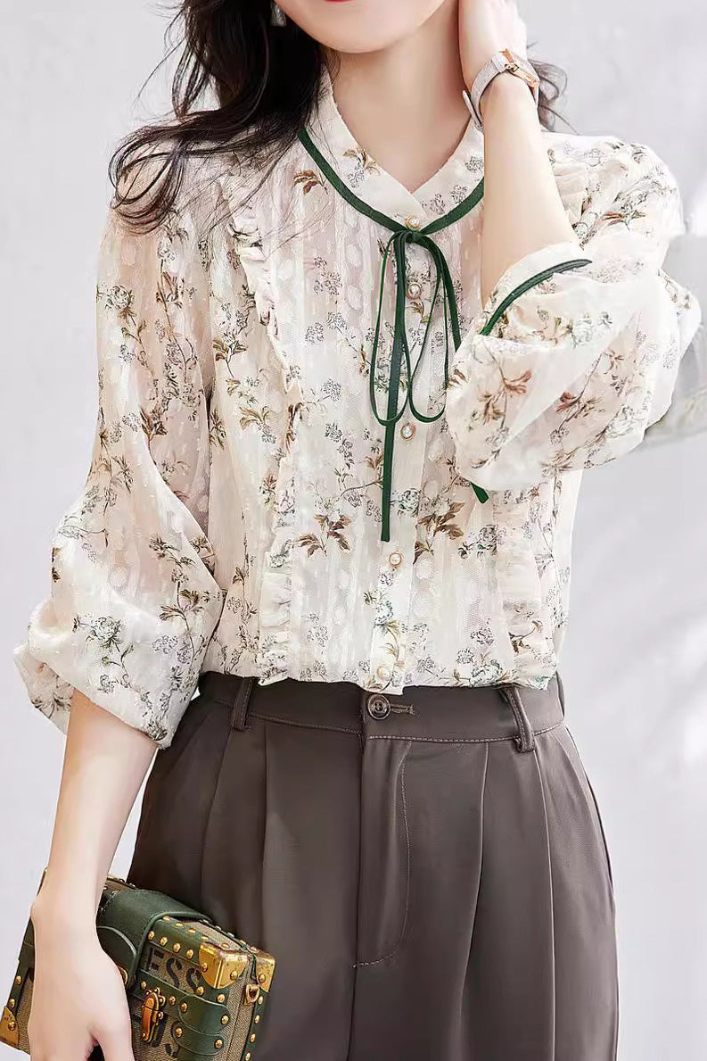 French-Style Floral Long-Sleeve Shirt