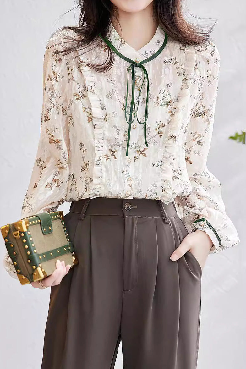 French-Style Floral Long-Sleeve Shirt