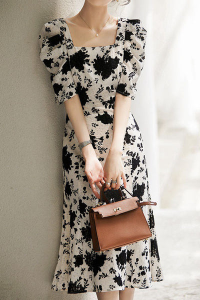 Elegant Square-Neck Printed Mermaid Dress