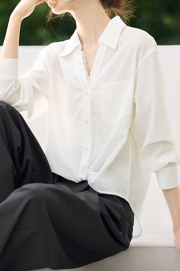 Early Autumn French-Style Lace-Trimmed Long-Sleeve Shirt