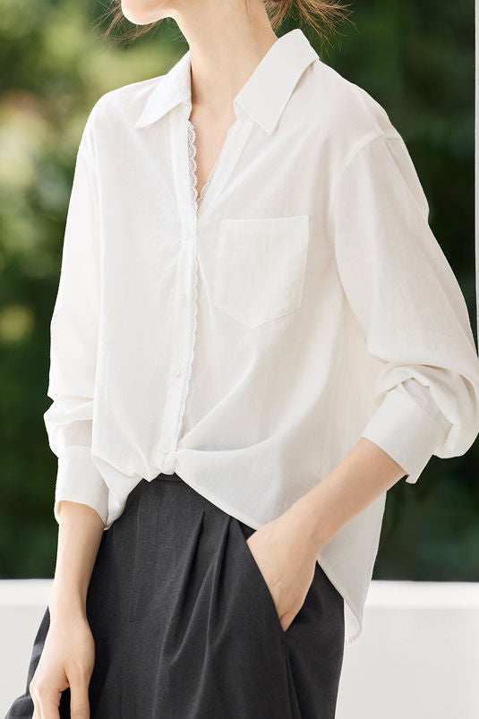 Early Autumn French-Style Lace-Trimmed Long-Sleeve Shirt