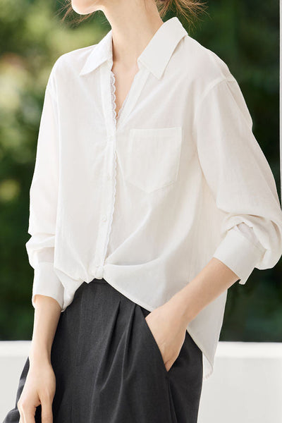 Early Autumn French-Style Lace-Trimmed Long-Sleeve Shirt