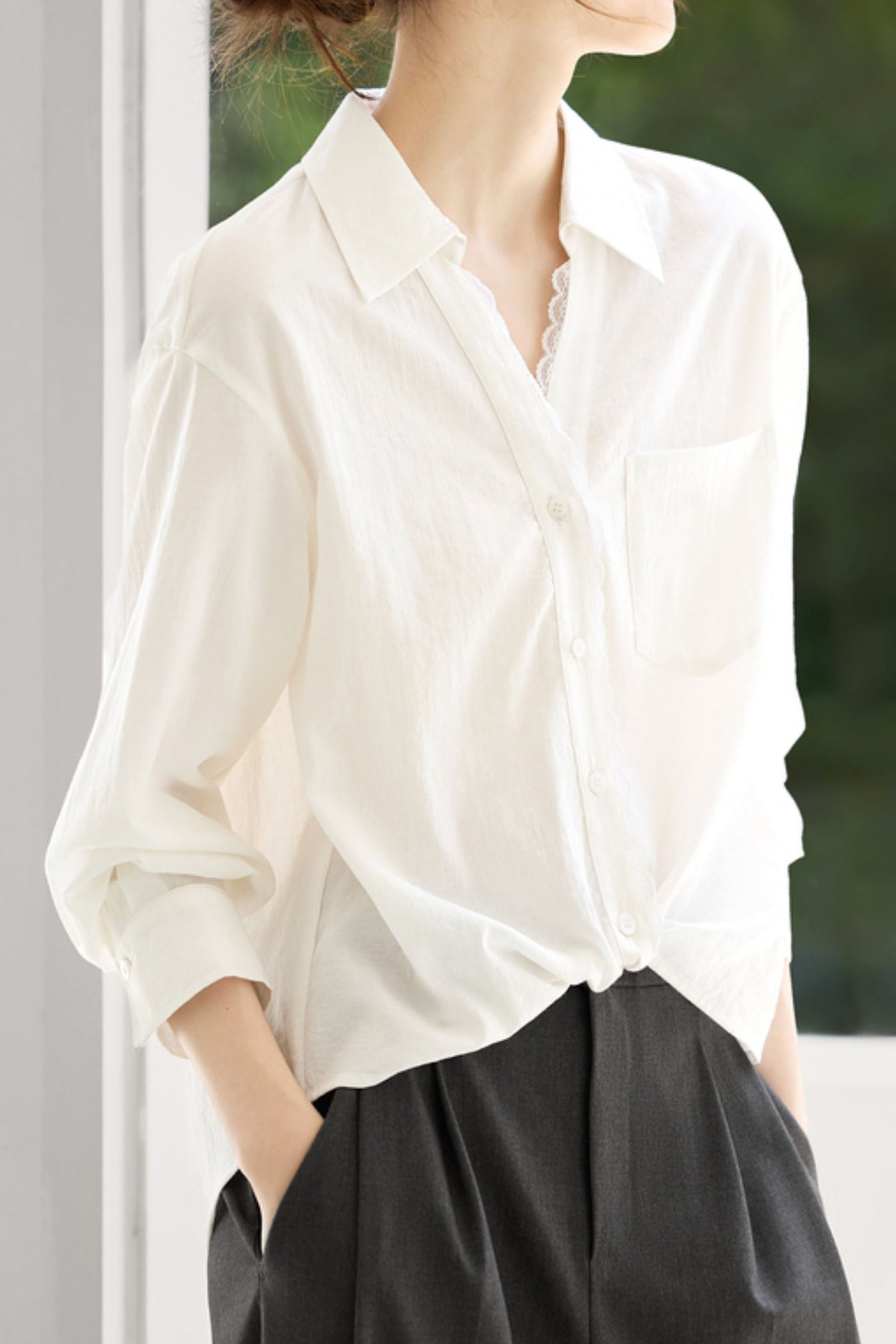Early Autumn French-Style Lace-Trimmed Long-Sleeve Shirt
