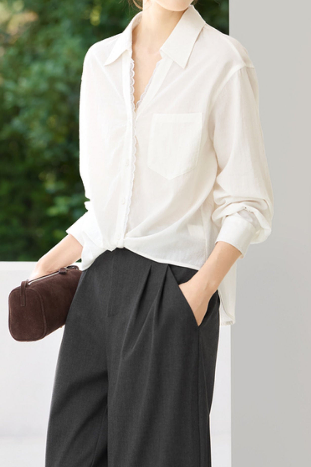 Early Autumn French-Style Lace-Trimmed Long-Sleeve Shirt