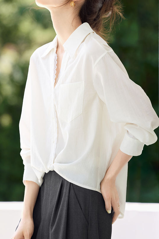 Early Autumn French-Style Lace-Trimmed Long-Sleeve Shirt