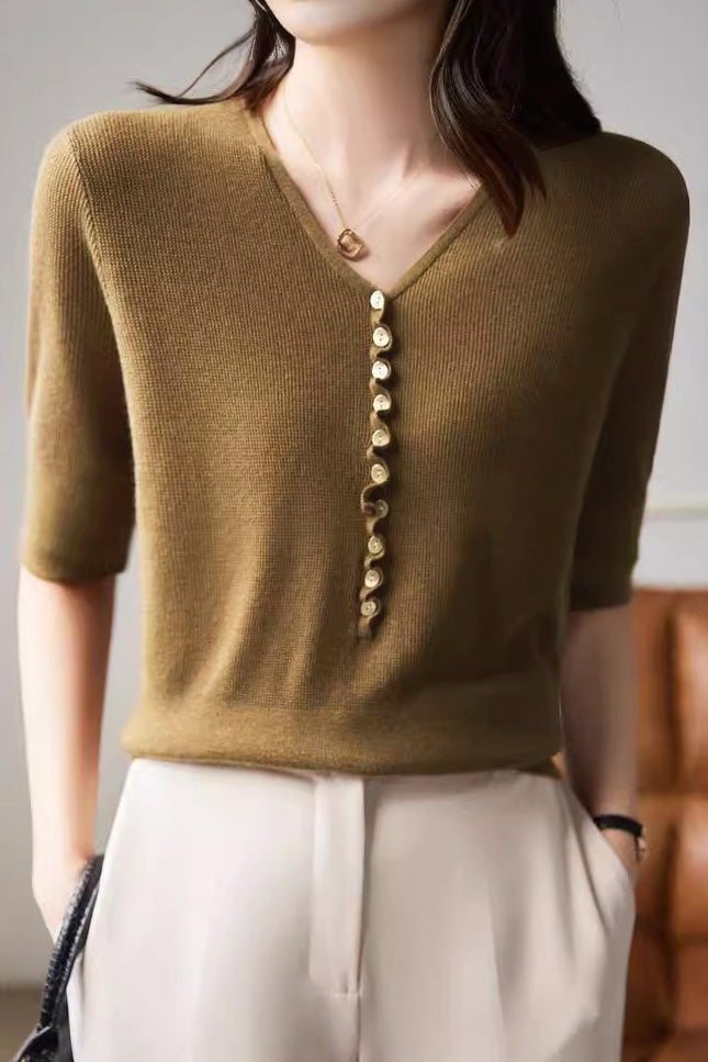 Casual Office-Ready V-Neck Three-Quarter Sleeve Knit Top