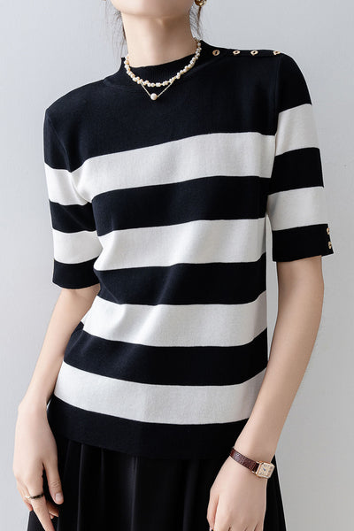 Elegant Office-Ready Black-White Color-Block Striped Short-Sleeve Knit Top