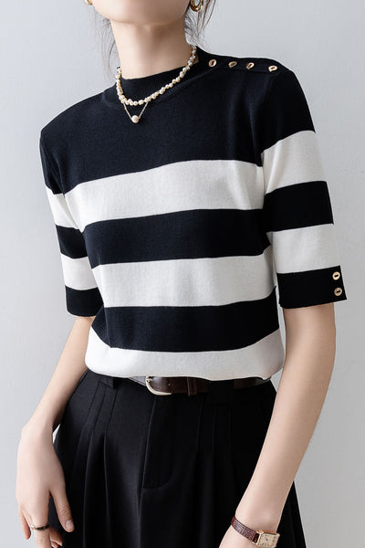 Elegant Office-Ready Black-White Color-Block Striped Short-Sleeve Knit Top