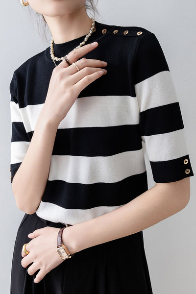 Elegant Office-Ready Black-White Color-Block Striped Short-Sleeve Knit Top
