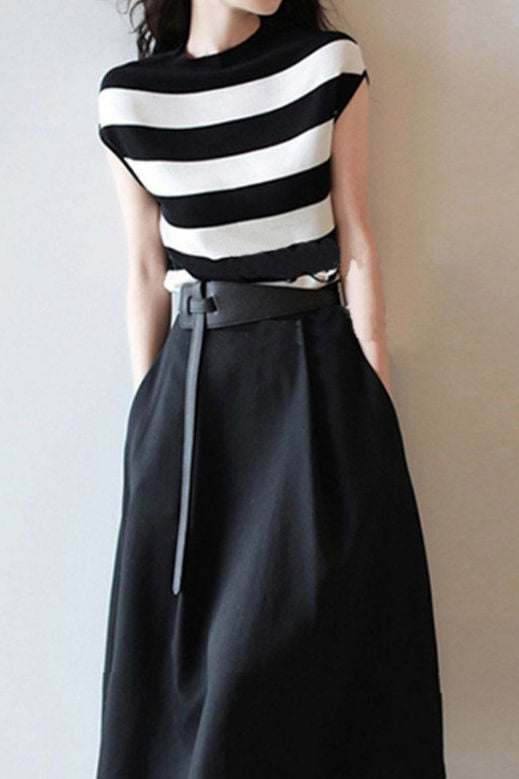 Elegant Office-Ready Striped Top & A-Line Skirt Set