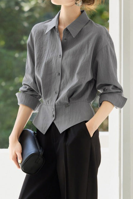 Early Autumn French-Temperament Fitted-Waist Long-Sleeve Shirt