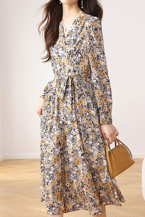 Early Autumn French Floral Maxi Dress