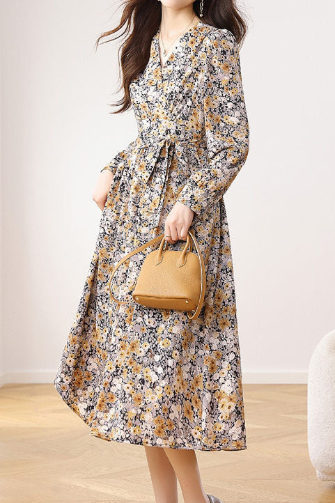 Early Autumn French Floral Maxi Dress