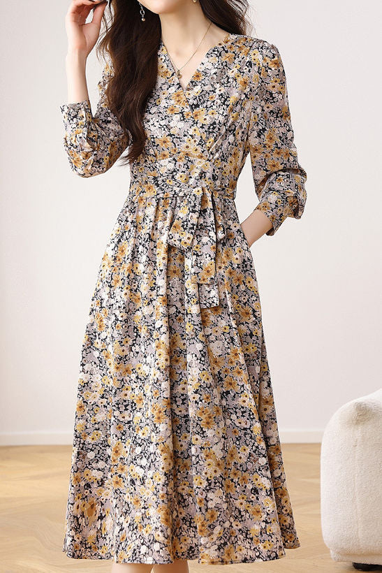 Early Autumn French Floral Maxi Dress