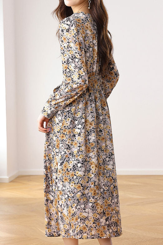Early Autumn French Floral Maxi Dress