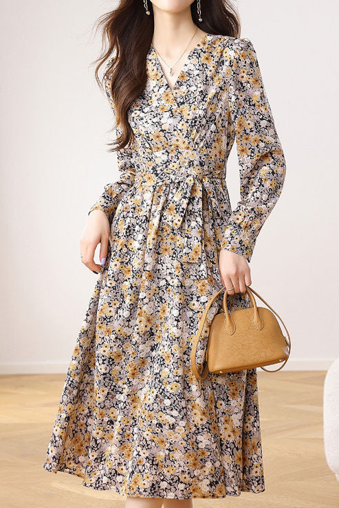 Early Autumn French Floral Maxi Dress